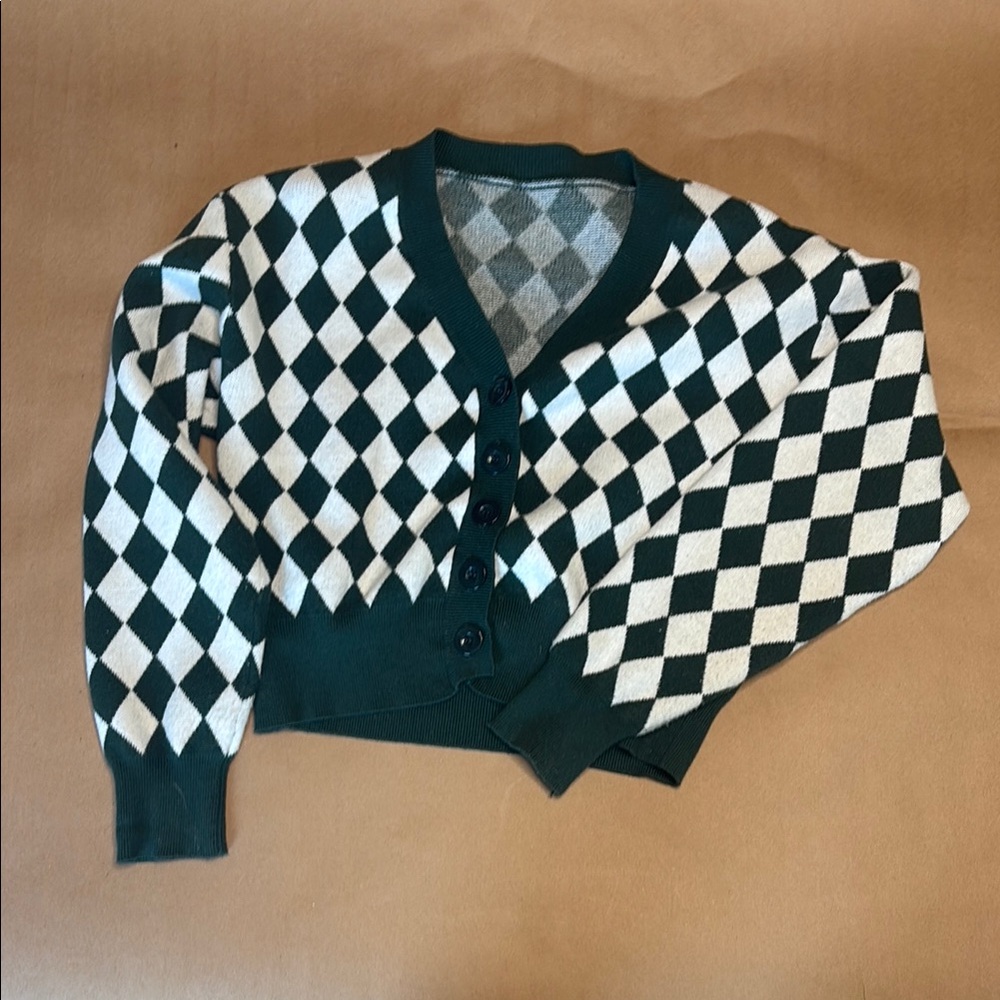 Argyle Patterned Green and White Women's Sweater
